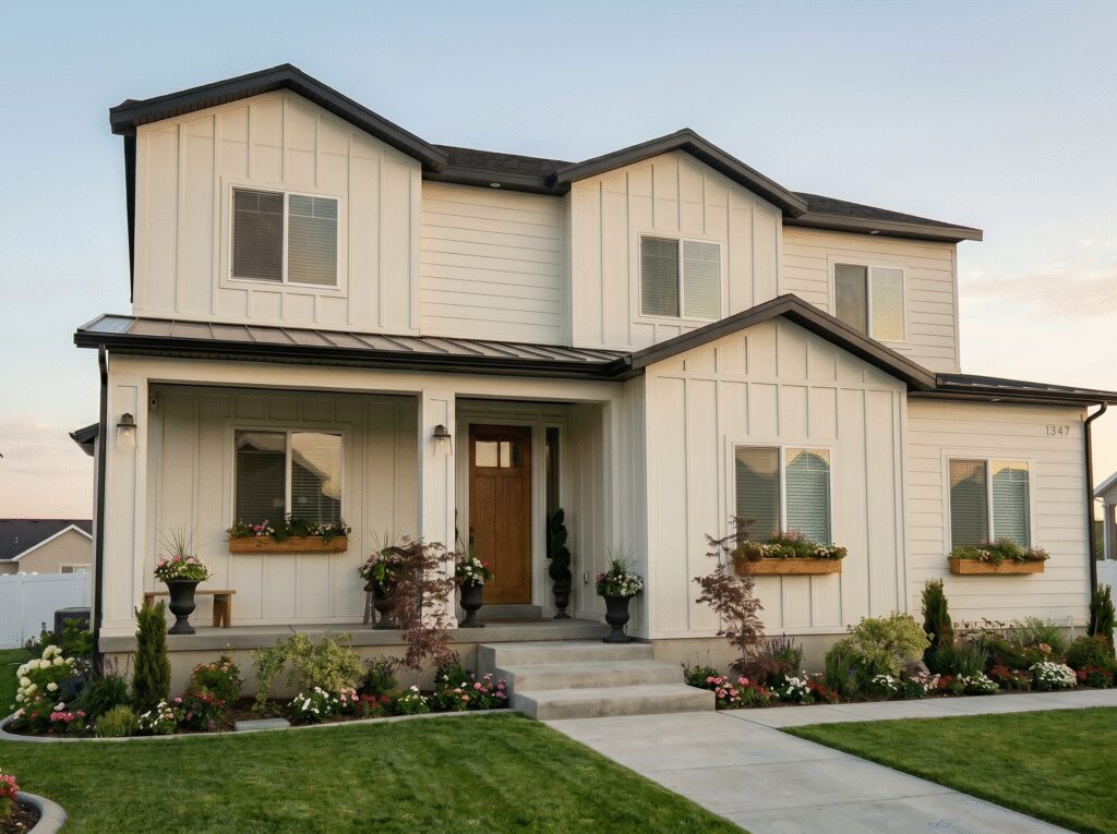 A white house with custom made signing and landscaping design.