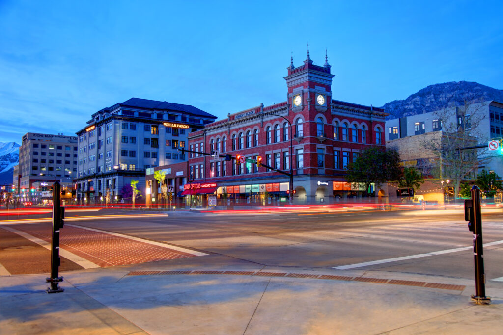 Streets of downtown Provo, Utah during dusk.