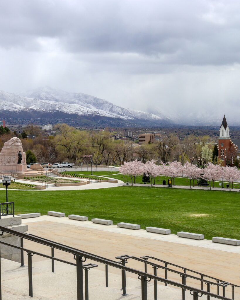 Landscape of a park in Salt Lake City, Utah during spring.