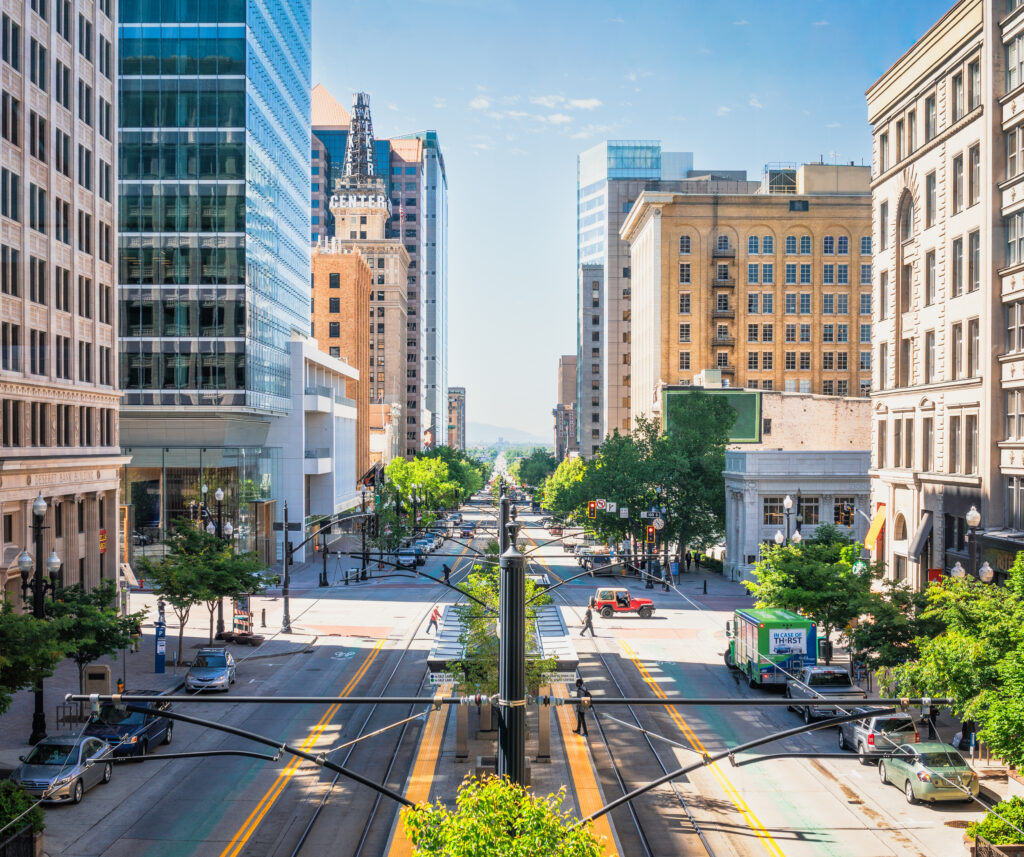 Streets and buildings in downtown Salt Lake City, Utah