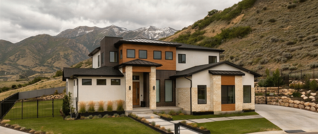 Custom-built home exterior in Utah with modern architectural design