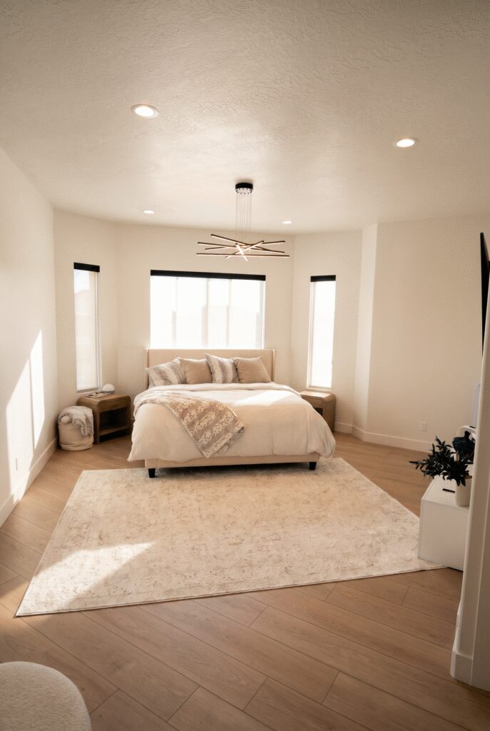 Bright, modern bedroom with light wood floors, white walls, and neutral bedding.
