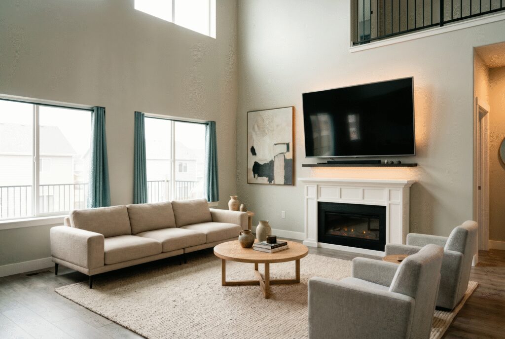 Aerial view of a living room with a brown sofa, fireplace, and 'Love' wall decal.