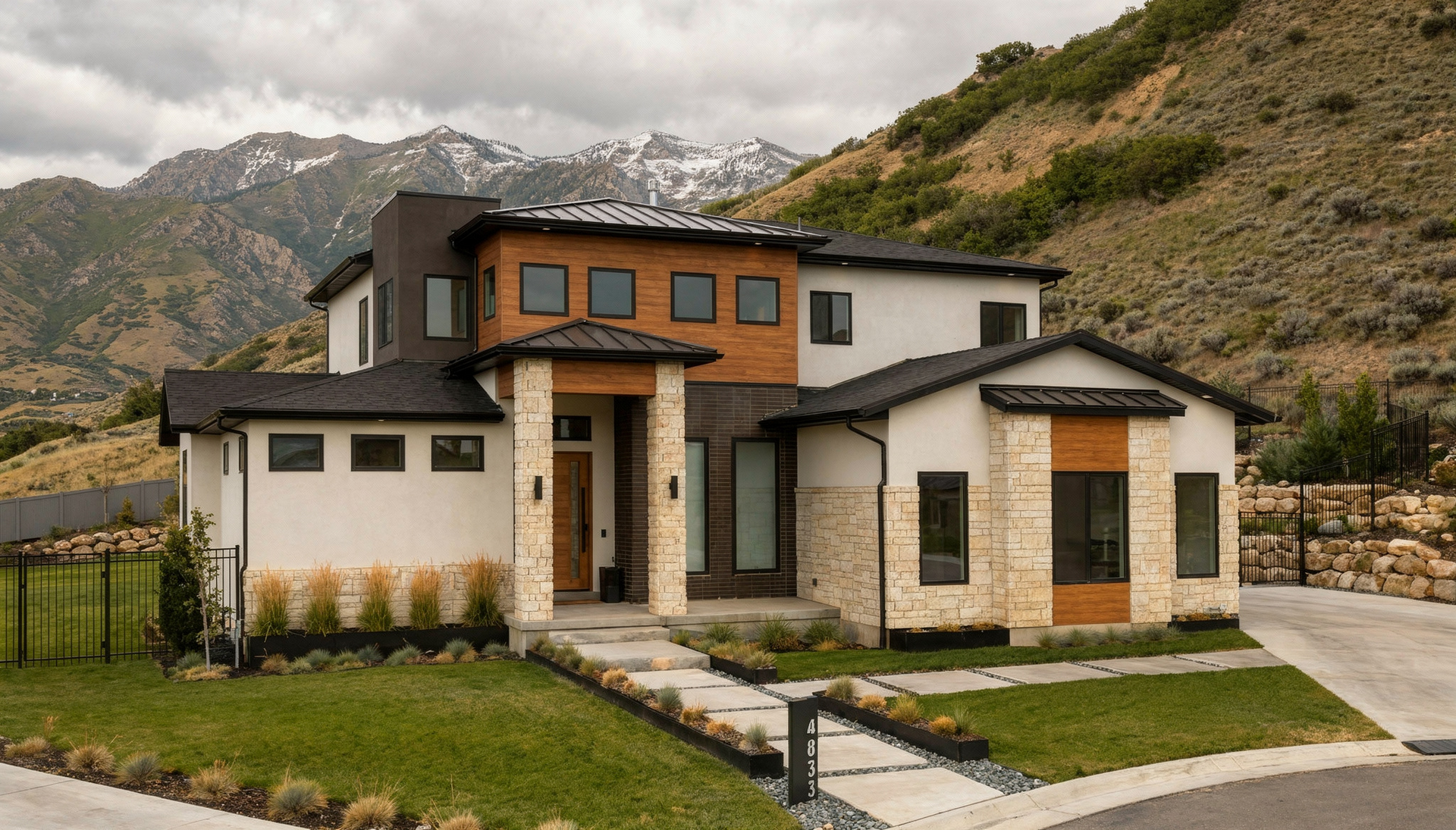Modern custom home exterior surrounded by Utah landscape