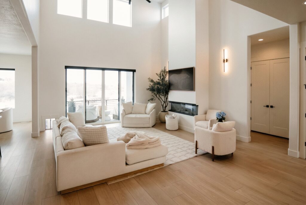 Modern custom living room with clean lines, natural light, and open layout by Roots Builders