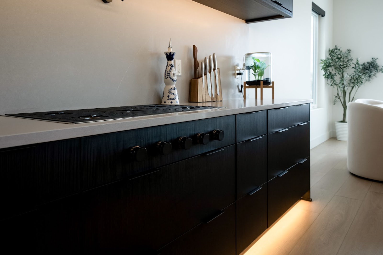 Modern kitchen with black cabinetry, a gas cooktop, and under-cabinet lighting.