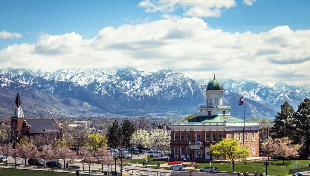 Salt Lake City neighborhood with a temple.