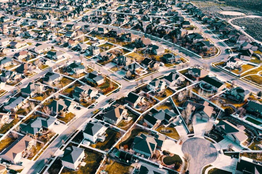 Aerial view of Utah neighborhood showing custom homes and luxury home construction by local home builders