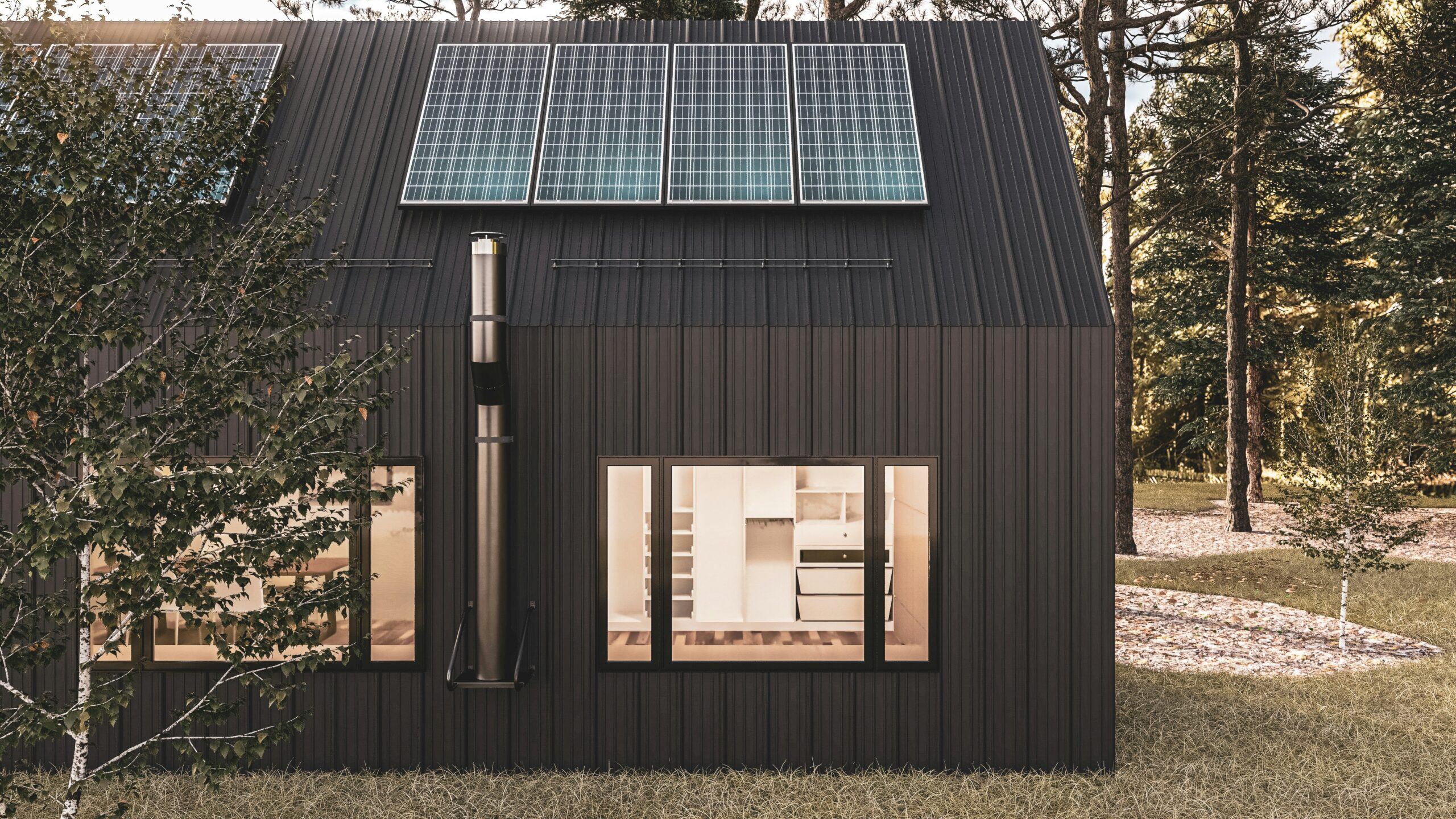 Modern black home exterior with solar panels installed on the roof, surrounded by trees.