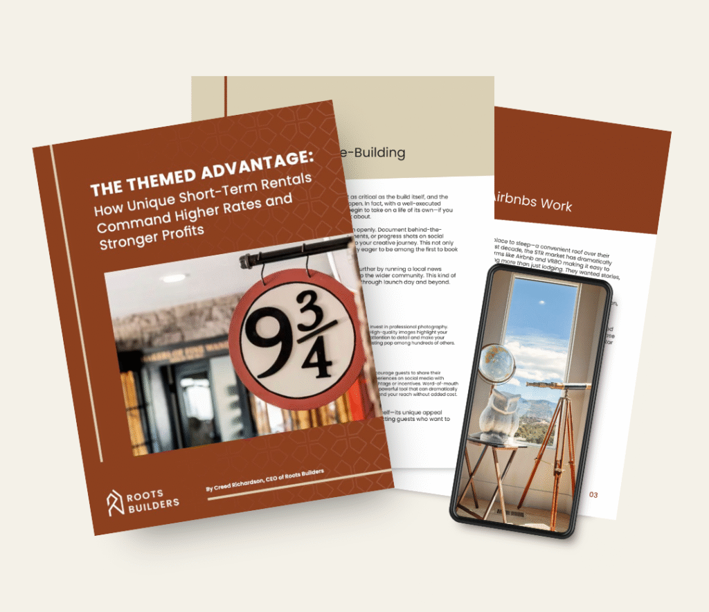 Roots Builders free eBook titled The Themed Advantage: How Unique Short-Term Rentals Command Higher Rates and Stronger Profits, featuring an open book, smartphone image, and modern design background.