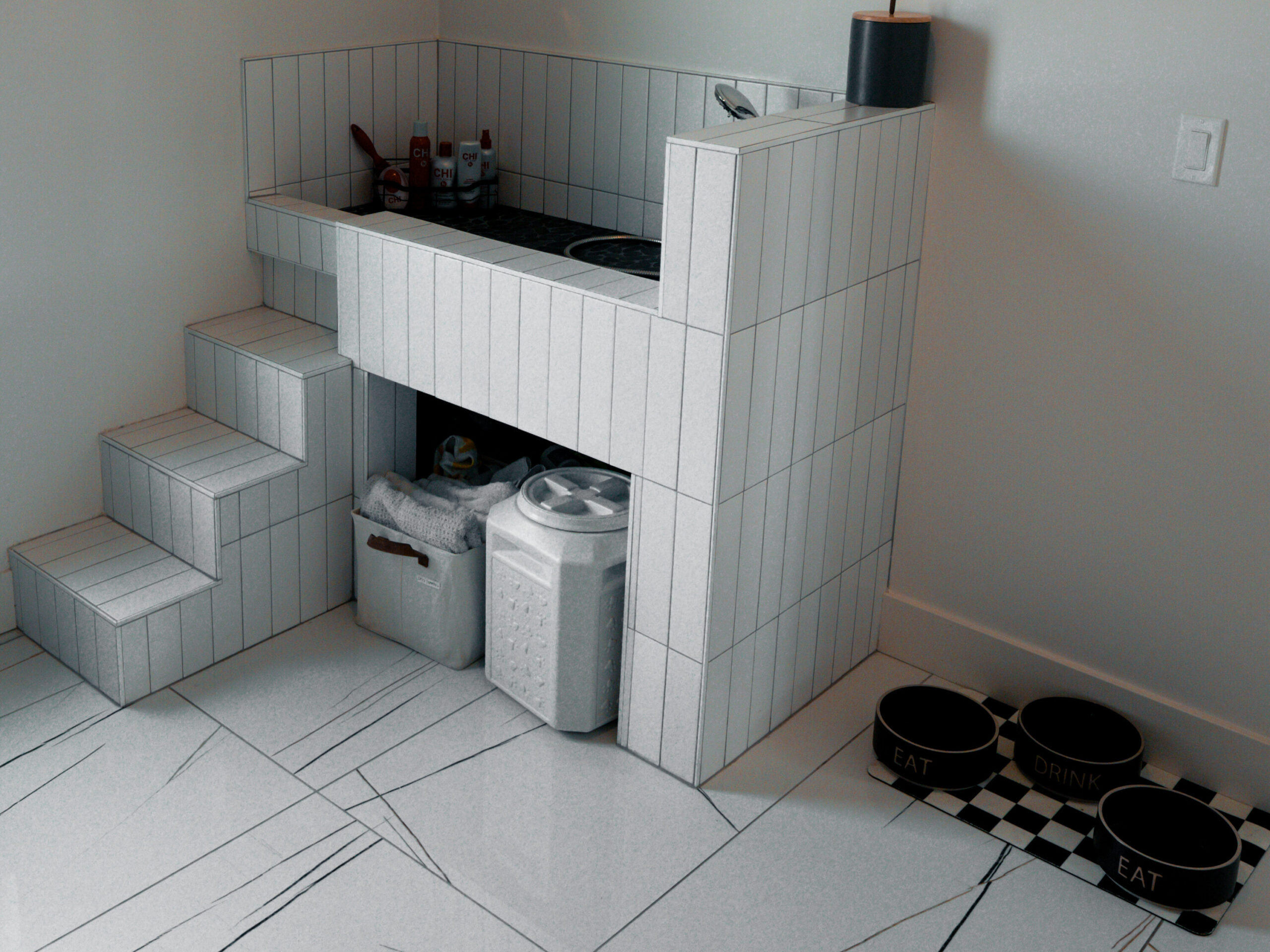 Built-in dog wash station with steps, storage, and 'EAT' bowls on a checkered mat.