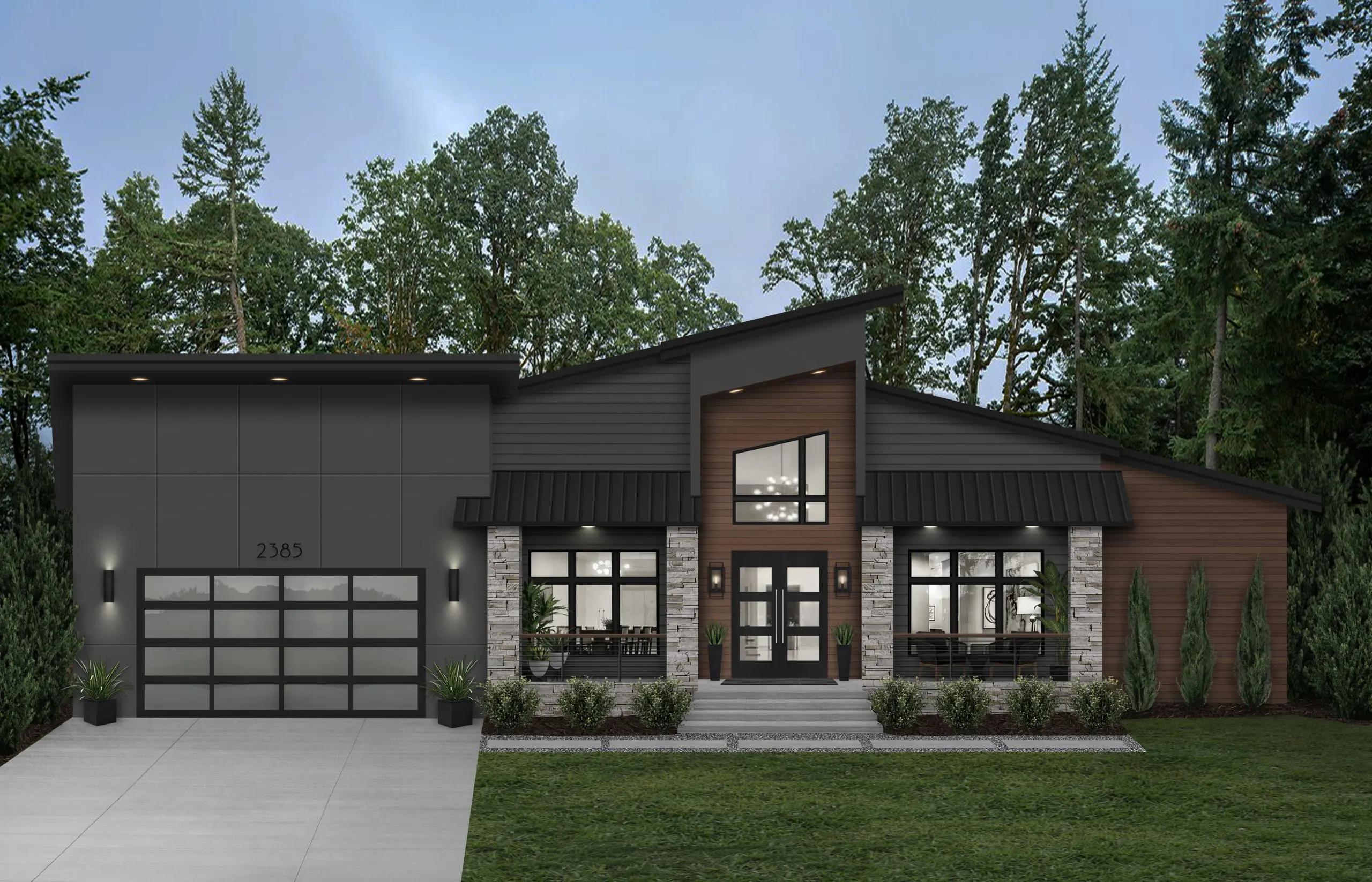 Modern contemporary custom home exterior with dark siding, wood accents, and clean architectural lines